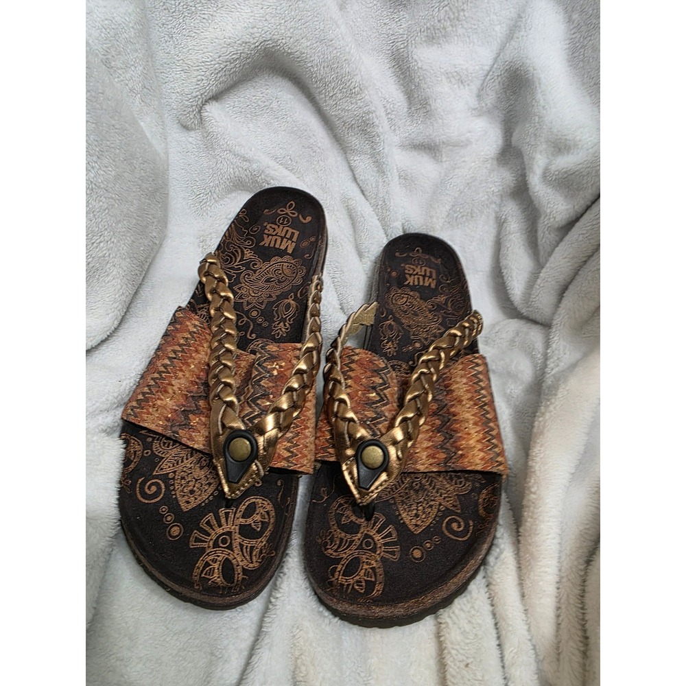 Muk Luks Womens Size 11 Brown Gold Braided Chevron Cork Sandals Slides
